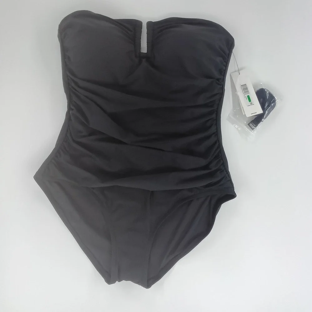 DKNY Black Bandeau One Piece Swimsuit Ruched U-Bar DI4MS605 Mens L - Picture 3 of 9